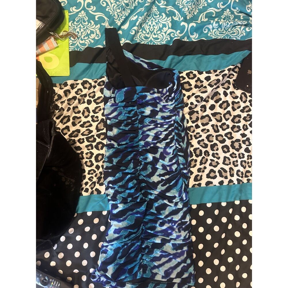 City Triangles Dress Small Tiger Stripe Blue Turquoise Black Beaded One Shoulder